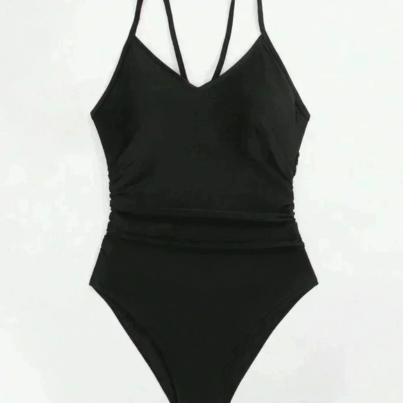 Black Women's Summer Beach Cut Out Ring Linked One Piece Swimsuit - Picture 3 of 8